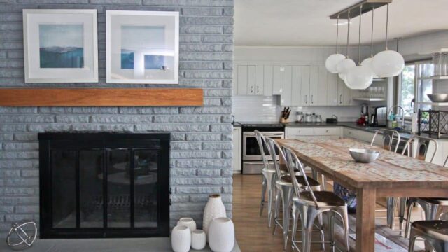 Modern Lake Home Fireplace and Kitchen